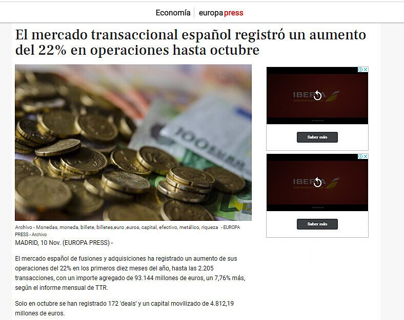 El mercado transaccional español registró un aumento del 22% en operaciones hasta octubre